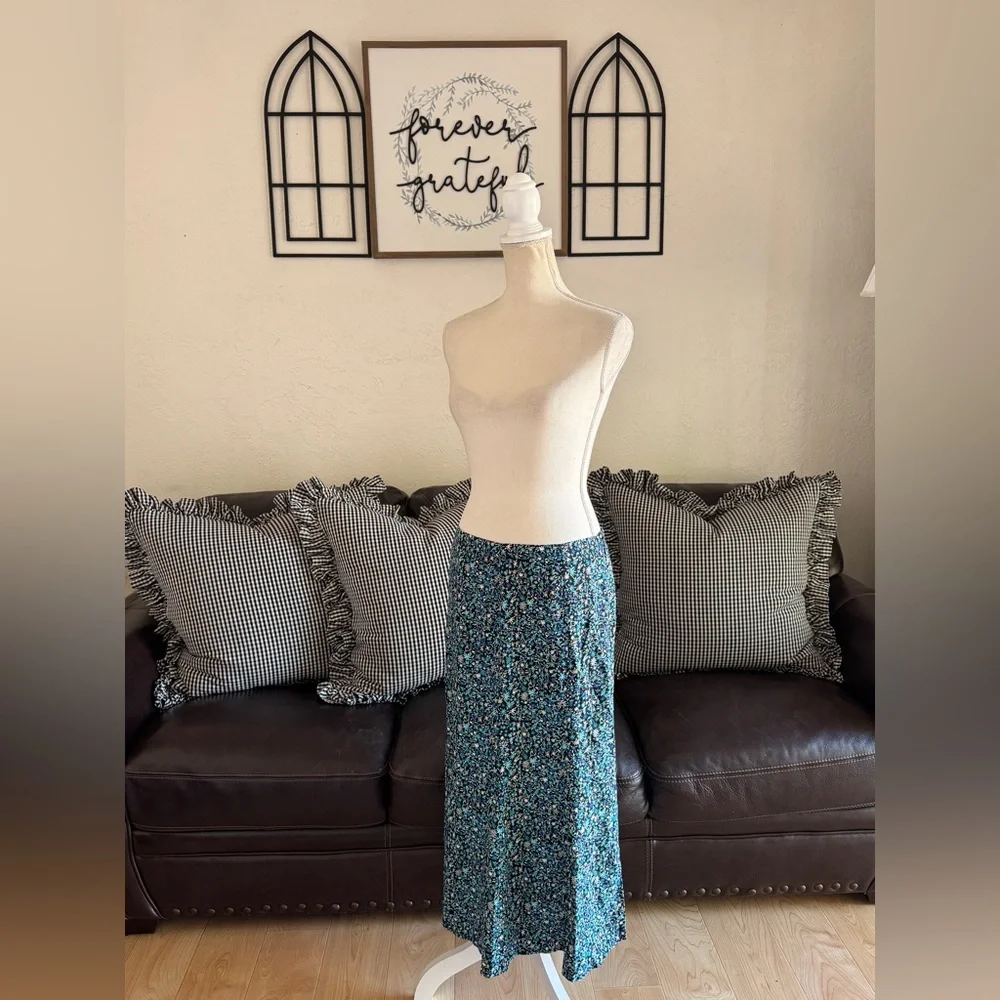Christopher & Banks Maxi Blue & Black Floral Skirt Size 10 Whimsical Boho Indie